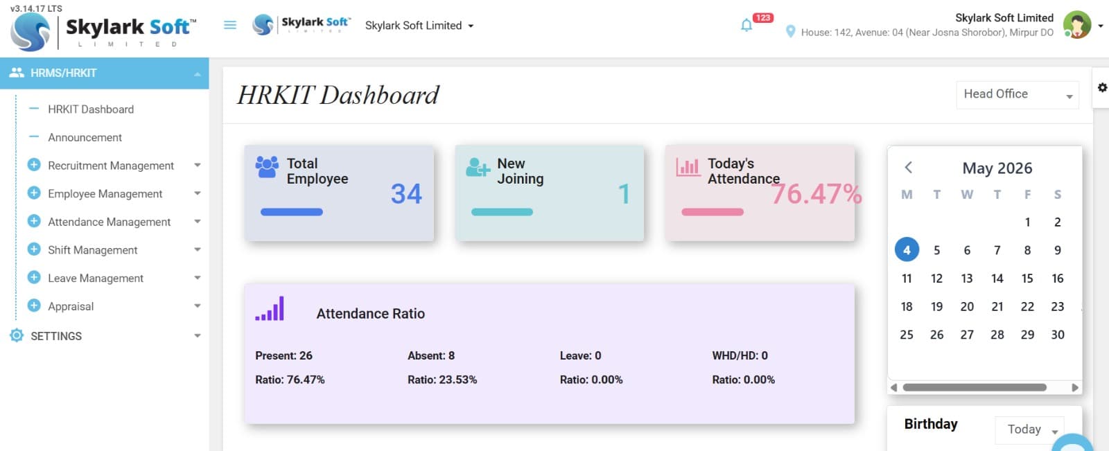 HRKIT main dashboard with attendance and employee KPIs